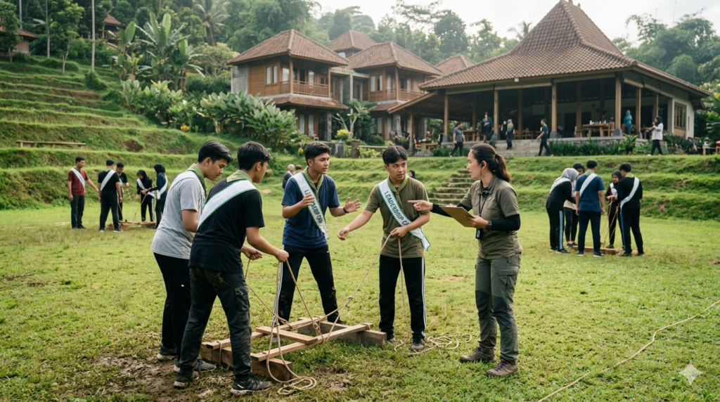 Aktivitas outbound mahasiswa di villa acara kampus Bogor