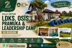 Villa Zanara Bogor untuk kegiatan OSIS dan mahasiswa seperti rapat kerja, makrab, gathering organisasi, dan program pengembangan kepemimpinan dengan aula dan area outdoor
