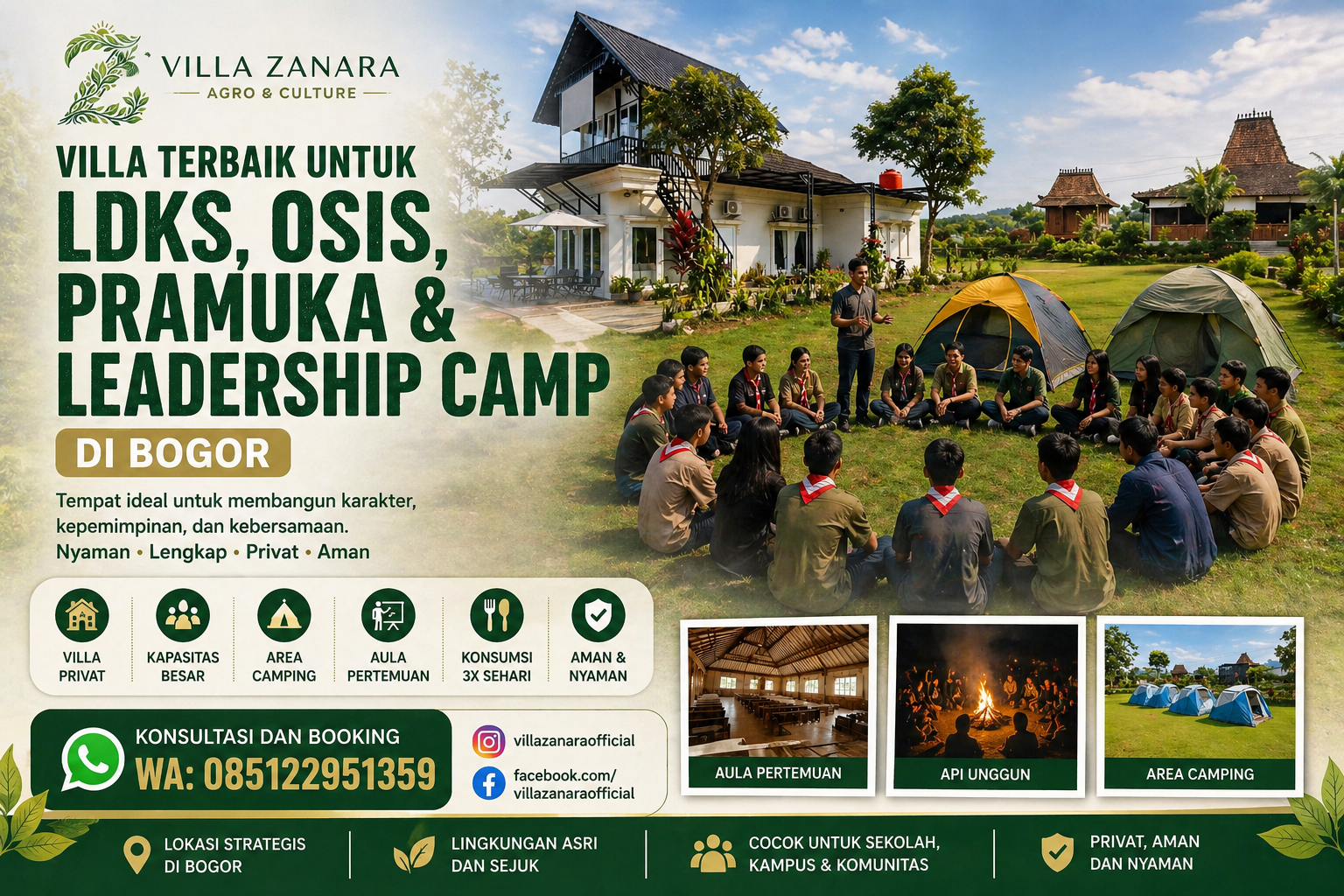 Villa Zanara untuk LDKS OSIS Pramuka dan leadership camp Bogor