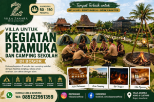 Kegiatan Pramuka dan camping sekolah di Villa Zanara Bogor dengan area tenda, api unggun, aula pertemuan, dan fasilitas lengkap untuk pembelajaran outdoor dan pembentukan karakter siswa