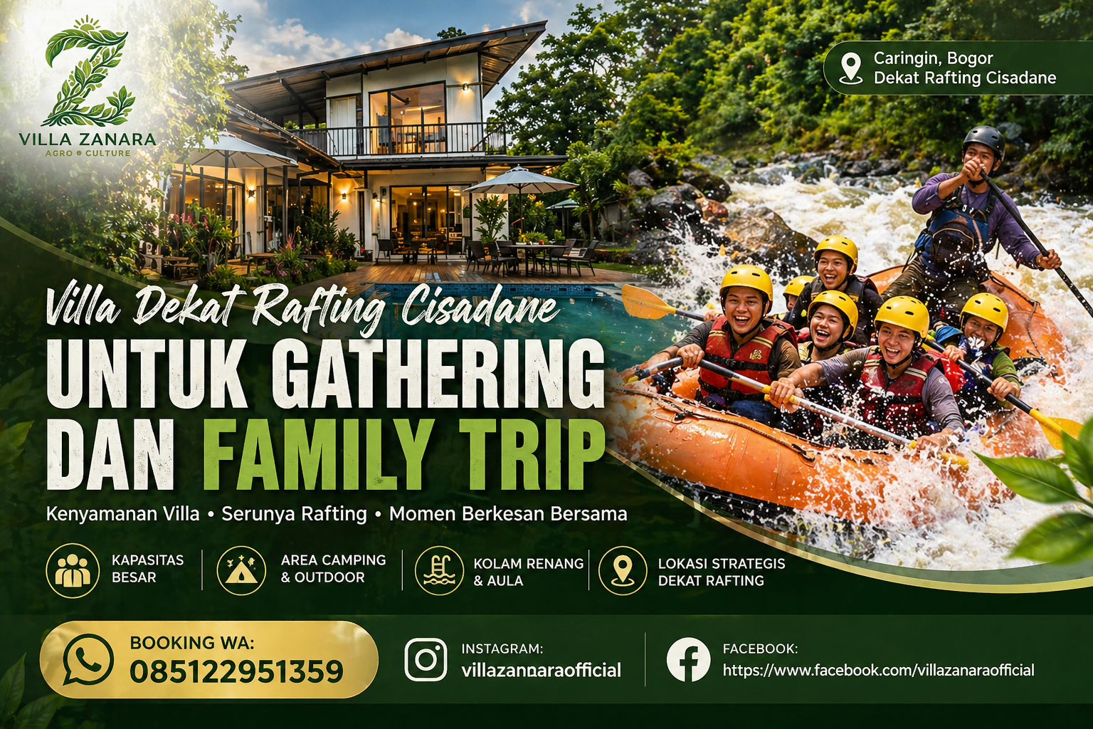Villa Zanara Bogor dekat rafting Cisadane untuk gathering dan outing